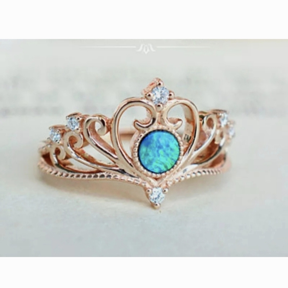 New 2pc 18K Rose Gold Plated Blue Fire Opal White Topaz Crown & Band Set.